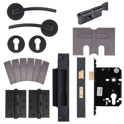 AFIT EuroTec-Plus Black Lever on Rose Fire Door Handle Pack - Euro Lock & Thumbturn Cylinder - FD30/60