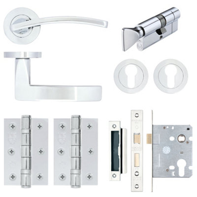AFIT EuroTec-Plus Polished Chrome Lever on Rose Door Handle Pack - 3 Lever Lock & Thumbturn Cylinder