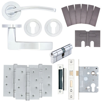 AFIT EuroTec-Plus Polished Chrome Lever on Rose Fire Door Handle Pack - 3 Lever Lock & Cylinder - FD30/60