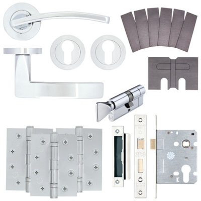 AFIT EuroTec-Plus Polished Chrome Lever on Rose Fire Door Handle Pack - Euro Lock & Thumbturn Cylinder - FD30/60