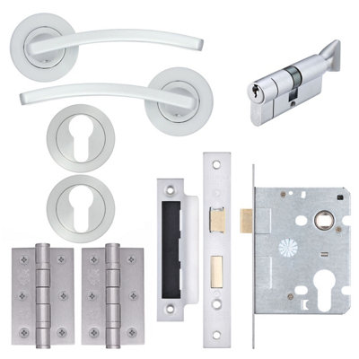 AFIT EuroTec-Plus Satin Chrome Lever on Rose Door Handle Pack - 3 Lever Lock & Thumbturn Cylinder