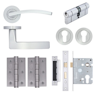 AFIT EuroTec-Plus Satin Chrome Lever on Rose Door Handle Pack - Euro Lock & Cylinder