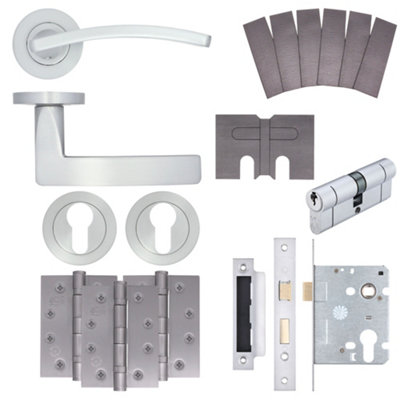 AFIT EuroTec-Plus Satin Chrome Lever on Rose Fire Door Handle Pack - Euro Lock & Cylinder - FD30/60