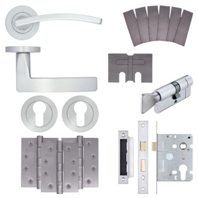 AFIT EuroTec-Plus Satin Chrome Lever on Rose Fire Door Handle Pack - Euro Lock & Thumbturn Cylinder