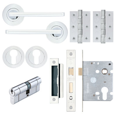 AFIT EuroTec Polished Chrome Lever on Rose Door Handle Pack - 3 Lever Lock & Cylinder