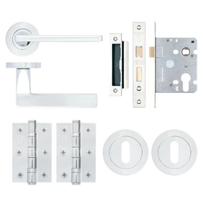 AFIT EuroTec Polished Chrome Lever on Rose Door Handle Pack - 3 Lever Lock