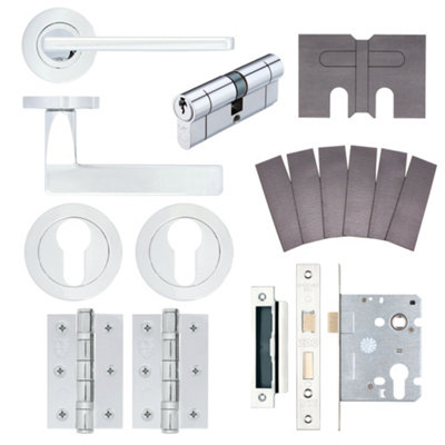 AFIT EuroTec Polished Chrome Lever on Rose Fire Door Handle Pack - 3 Lever Lock & Cylinder