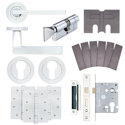 AFIT EuroTec Polished Chrome Lever on Rose Fire Door Handle Pack - 3 Lever Lock & Thumbturn Cylinder