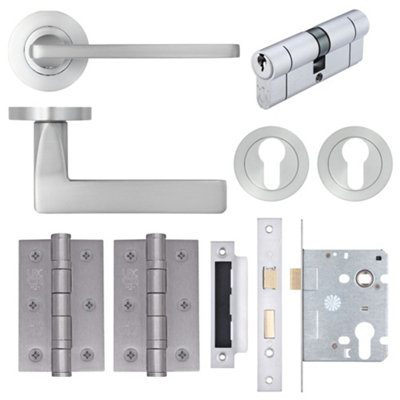 AFIT EuroTec Satin Chrome Lever on Rose Door Handle Pack - 3 Lever Lock & Cylinder