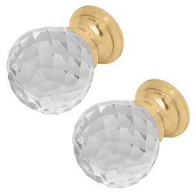AFIT Glass Facetted Cabinet Cupboard Knob - 30mm - Polished Brass - Pack of 2
