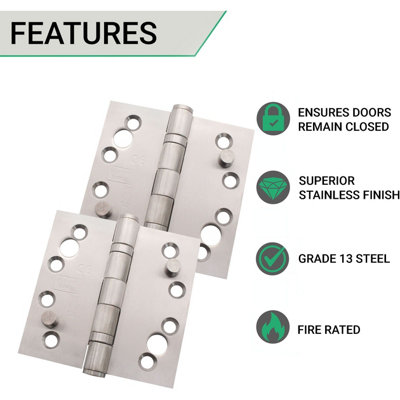 AFIT Grade 13 Satin Stainless Steel Fire Door Security Pin Hinges - 4" 102 x 102 x 3mm Square Pair