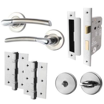 AFIT Internal Door Handle Bathroom Set - Polished/Satin Chrome Duo Finish - 66mm Lock 76mm Hinges Boston Range