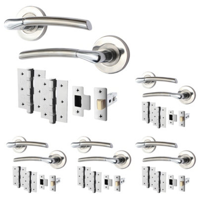 AFIT Internal Door Handle Latch Set x5 - Polished/Satin Chrome Duo Finish - 64mm Latch 76mm Hinges Boston Range