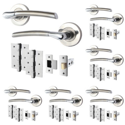 AFIT Internal Door Handle Latch Set x6 - Polished/Satin Chrome Duo Finish - 64mm Latch 76mm Hinges Boston Range