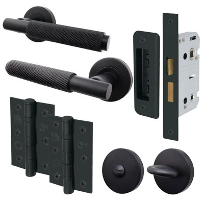 AFIT Knurled Matt Black Bathroom Door Handle Set - Internal Door Handles, Turn & Release, 64mm Lock & 76mm Hinges - Dixon Range