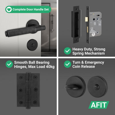 AFIT Knurled Matt Black Bathroom Door Handle Set - Internal Door Handles, Turn & Release, 64mm ...