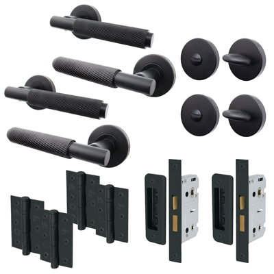 AFIT Knurled Matt Black Bathroom Door Handle Set - Pack 2 - Internal Door Handles, 64mm Lock & 76mm Hinges - Dixon Range