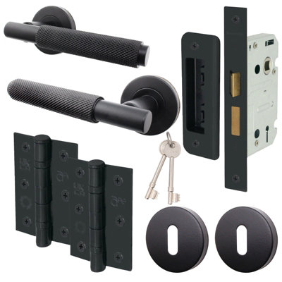 AFIT Knurled Matt Black Door Handle Set with Lock - Internal Door Handles, 64mm Sashlock, 76mm Hinges & Escutcheons - Dixon Range
