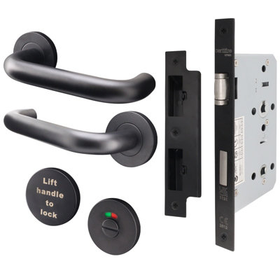 AFIT Lift to Lock Handle Set - Disabled Toilet Lock Set with DIN Lock  for Bathroom / Toilet Cubicle Doors - Matt Black