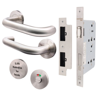 AFIT Lift to Lock Handle Set - Disabled Toilet Lock Set with DIN Lock  for Bathroom / Toilet Cubicle Doors - Satin Stainless