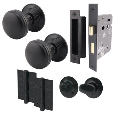 AFIT Lined Bathroom Door Knob Set Matt Black - 1 Pair of Mortice Knobs (55mm), Lock (80mm) & Hinges (76mm) for Internal Doors