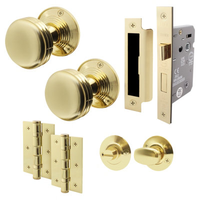 AFIT Lined Bathroom Door Knob Set Polished Brass - 1 Pair of Mortice Knobs (55mm), Lock (80mm) & Hinges (76mm) for Internal Doors