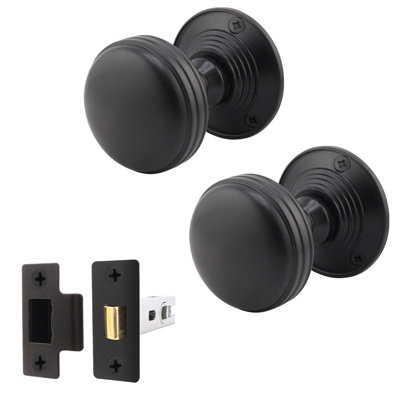 AFIT Lined Door Knob Set Matt Black - 1 Pair of Mortice Knobs (55mm) & Latch (76mm) for Internal Doors