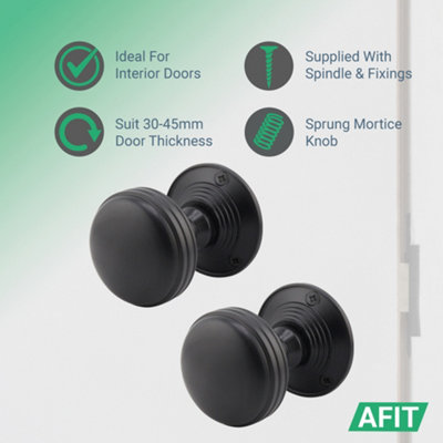 AFIT Lined Door Knob Set Matt Black - 1 Pair of Mortice Knobs (55mm) & Latch (76mm) for Internal Doors
