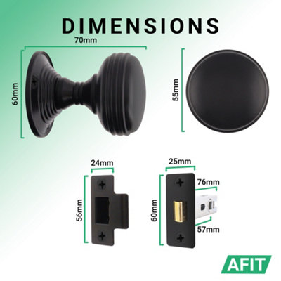 AFIT Lined Door Knob Set Matt Black - 1 Pair of Mortice Knobs (55mm) & Latch (76mm) for Internal Doors