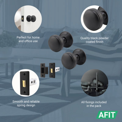 AFIT Lined Door Knob Set Matt Black - 1 Pair of Mortice Knobs (55mm) & Latch (76mm) for Internal Doors