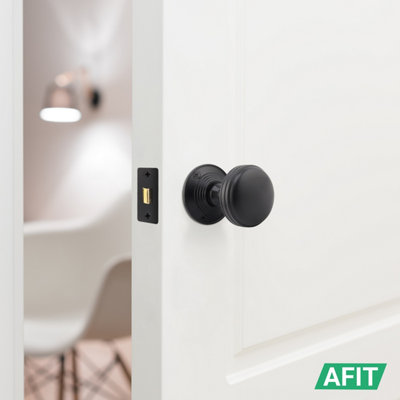 AFIT Lined Door Knob Set Matt Black - 1 Pair of Mortice Knobs (55mm) & Latch (76mm) for Internal Doors
