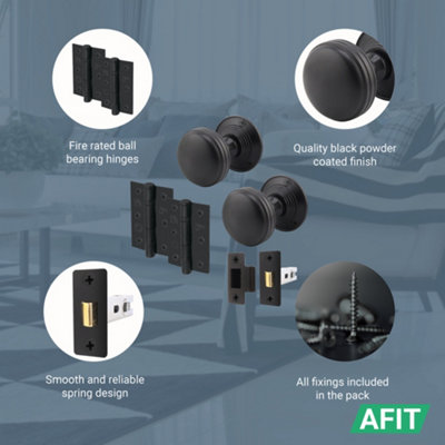 AFIT Lined Door Knob Set Matt Black - 1 Pair of Mortice Knobs (55mm), Latch (76mm) & Hinges (76mm) for Internal Doors