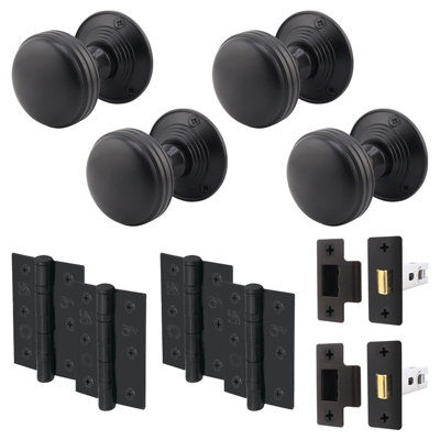 AFIT Lined Door Knob Set Matt Black - 2 Pairs of Mortice Knobs (55mm), Latch (76mm) & Hinges (76mm) for Internal Doors