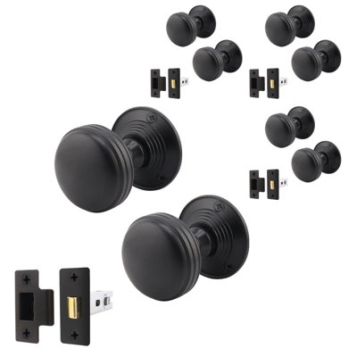 AFIT Lined Door Knob Set Matt Black - 4 Pairs of Mortice Knobs (55mm) & Latch (76mm) for Internal Doors