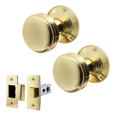 AFIT Lined Door Knob Set Polished Brass - 1 Pair of Mortice Knobs (55mm) & Latch (76mm) for Internal Doors