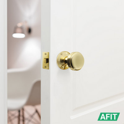 AFIT Lined Door Knob Set Polished Brass - 1 Pair of Mortice Knobs (55mm), Latch (76mm) & Hinges (76mm) for Internal Doors