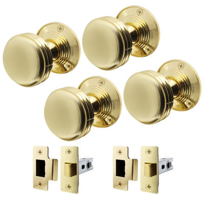 AFIT Lined Door Knob Set Polished Brass - 2 Pairs of Mortice Knobs (55mm) & Latch (76mm) for Internal Doors