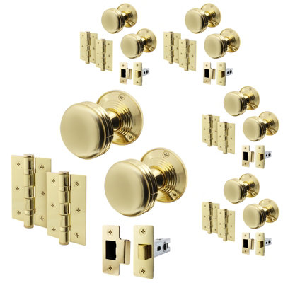 AFIT Lined Door Knob Set Polished Brass - 4 Pairs of Mortice Knobs (55mm), Latch (76mm) & Hinges (76mm) for Internal Doors