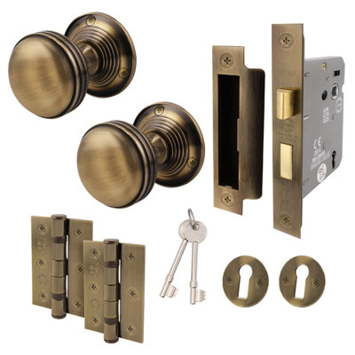 AFIT Lined Key Lock Door Knob Set Antique Brass - 1 Pair of Mortice Knobs 55mm, Sash Lock 80mm & Hinges 76mm for Internal Doors Price Comparisons | Compare The Build