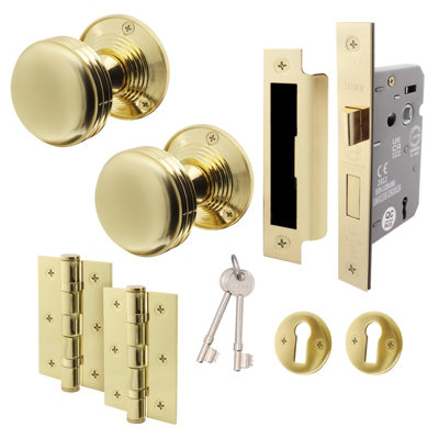 AFIT Lined Key Lock Door Knob Set Polished Brass - 1 Pair of Mortice Knobs 55mm, Sash Lock 80mm & Hinges 76mm for Internal Doors