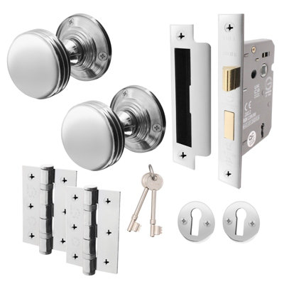 AFIT Lined Key Lock Door Knob Set Polished Chrome - 1 Pair of Mortice Knobs 55mm, Sash Lock 80mm & Hinges 76mm for Internal Doors