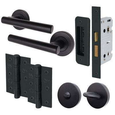 AFIT Matt Black Bathroom Door Handle Set - Door Handles, Bathroom Lock (64mm), Hinges (76mm) & Thumb Turn - Olvera Range