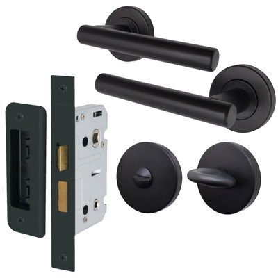 AFIT Matt Black Bathroom Door Handle Set - Door Handles, Bathroom Lock (64mm) & Thumb Turn - Olvera Range