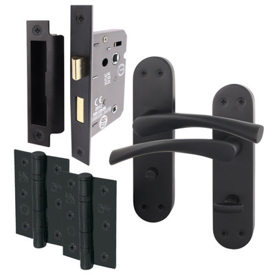 AFIT Matt Black Bathroom Door Handle Set - Door Handles, Lock (64mm) & Hinges (76mm) - Novi Backplate Range