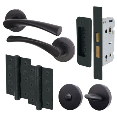 AFIT Matt Black Bathroom Door Handle Set - Door Handles, Lock (64mm) Hinges (76mm) & Thumbturn - Novi Range