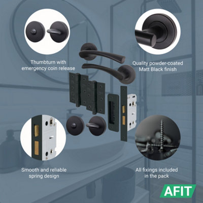 AFIT Matt Black Bathroom Door Handle Set - Door Handles, Lock (64mm) Hinges (76mm) & Thumbturn ...