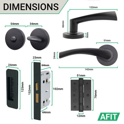 AFIT Matt Black Bathroom Door Handle Set - Door Handles, Lock (64mm) Hinges (76mm) & Thumbturn ...