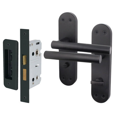 AFIT Matt Black Bathroom Door Handle Set - Includes Door Handles & Bathroom Lock (64mm) - Olvera Backplate Range