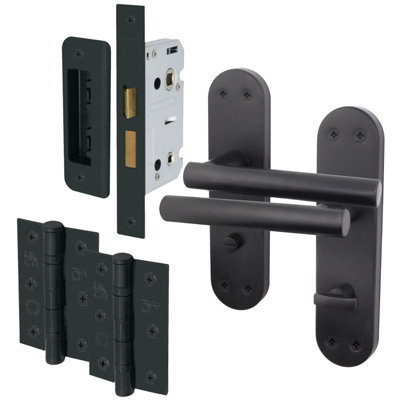 AFIT Matt Black Bathroom Door Handle Set - Includes Door Handles, Lock (64mm) & Hinges (76mm) - Olvera Range