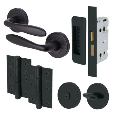 AFIT Matt Black Bathroom Door Handle Set - Includes Door Handles, Lock (64mm) Hinges (76mm) & Thumbturn - Santeau Range